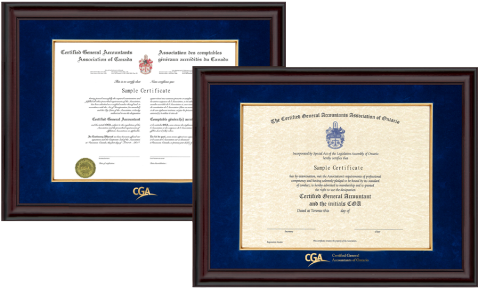 2X CGA ONTARIO FRAMES: Glossy mahogany wood with blue velvet and gold fillet inlay